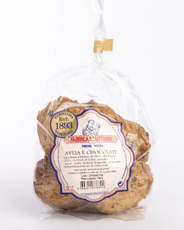 Bolacha de Aveia e chocolate Fabrica Santo António em saco transparente selado com fita dourada