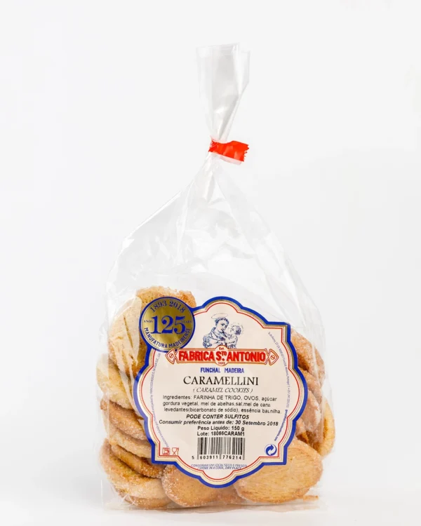 Caramellini, Fabrica Santo António, pequeno biscoito redondo dourado, com cristais de açúcar visisveis, embalado em saco transparente