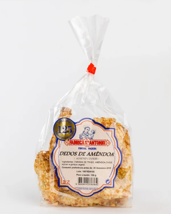 Dedos de Amêndoa da Fábrica Santo António, biscoitos cobertos de amêndoa, em saco transparente com fita vermelha