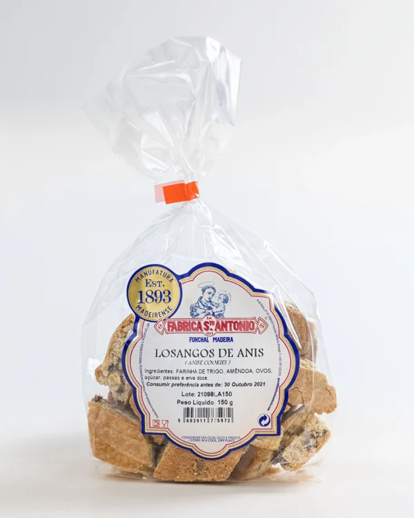 Losangos de Anis da Fábrica Santo António, biscoitos em pedaços, embalados em saco transparente e selado com fita vermelha
