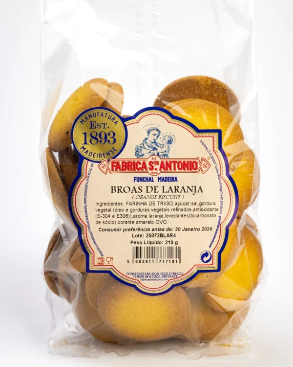 Broa de Laranja, Fábrica Santo António, cor dourada, embaladas em saco transparente selado