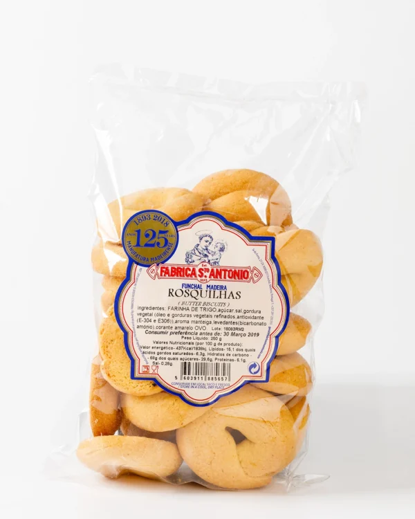 Rosquilhas, Fábrica Santo António, cor dourado claro, embaladas em saco transparente selado