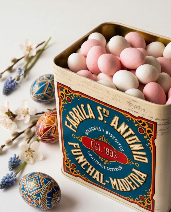 Amêndoas de Páscoa rosa e brancas da Fábrica Santo António, em lata decorativa vintage.