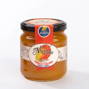 Doce de Manga Fábrica Santo António, frasco de vidro com tampa preta, etiqueta com ilustração do fruto, cor dourada