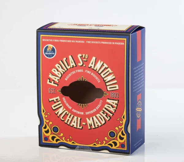 caixa gift para Broas especiais, Fábrica Santo António, inspirada no design vintage, vermelha e azul, com janela no centro para permitir visualização do produto